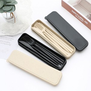 Black portable eco friendly wheat straw plastic kids travel camping spoon fork cutlery tableware set with case