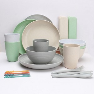 Colorful reusable eco friendly wheat straw plastic picnic dinnerware set dinner tableware set for kids and adults