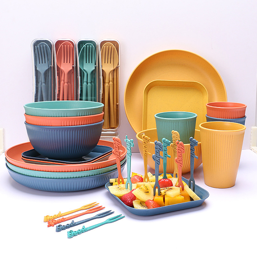 Colorful Reusable Eco Friendly Wheat Straw Plastic Picnic Dinnerware Set Dinner Tableware Set for Kids and Adults