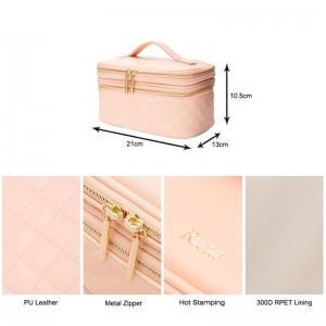 Nude pink quilted double layer makeup box with handle -CBP205