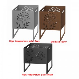 High temperature Gray Square Metal Fire Pit with Stand Bonfire Outdoor Heater for Wood Burning with Laser Cut Design