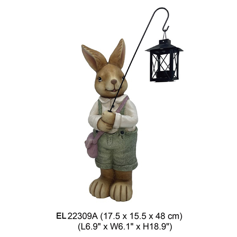 Fiber Clay Garden Statue Easter Cute Rabbits Hold Lantern Spring Decor Fiberclay Manufacturer (1)