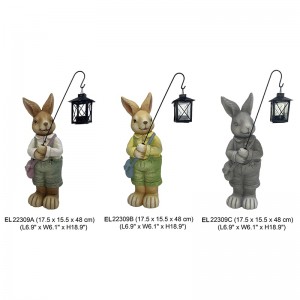 Fiber Clay Garden Statue Easter Cute Rabbits Hold Lantern Spring Decor Fiber Clay Handmade Crafts