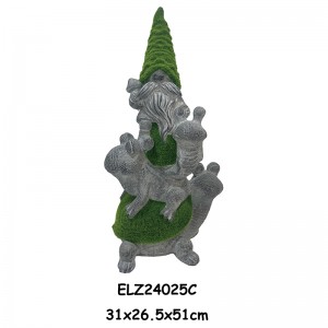 Fiber Clay Grass-Flocked Gnome Statues Gnomes Awọn Atupa Diduro Ti o duro lori Awọn igbin ati Awọn Ọpọlọ