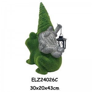 IFiber Clay Grass-Flocked Gnome Izifanekiso zeGnomes IiGnomes ezimile zibambe izibane ezikhwela kwiiNkumba kunye namasele