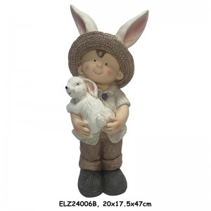 Decorazioni da giardino Collezione Bunny Buddies Ragazzo e ragazza che tengono il coniglio in casa e in giardino