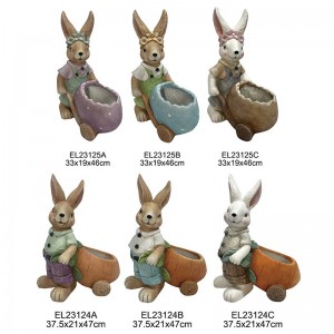 Decoración de jardín Colección Primavera Figuras de Conejos Conejos con Macetas de Medio Huevo con Carros de Zanahorias