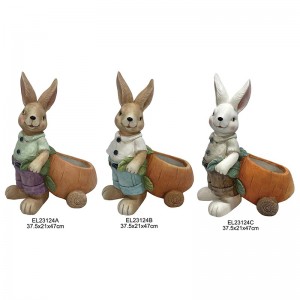 Garden Decor Spring Collection Rabbit Figurines ទន្សាយជាមួយអ្នកដាំពងពាក់កណ្តាលជាមួយរទេះរុញ