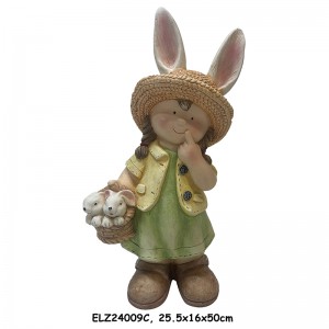 Gibuhat sa Kamot nga Boy ug Girl Rabbit Companions Bunny Basket Buddies Statues Outdoor Indoor Decor