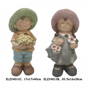 Handcrafted Rustic Duo of Nature Blossom Boy and Girl Patung Fiber Clay Patung pikeun Imah Jeung Taman