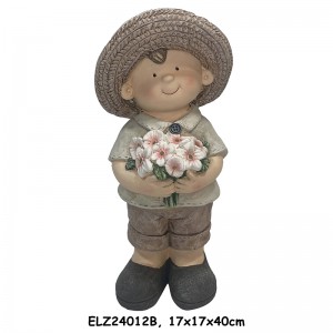 Handcrafted Rustic Duo of Nature Blossom Boy and Girl Statue Fiber Clay Statues for Home And Garden