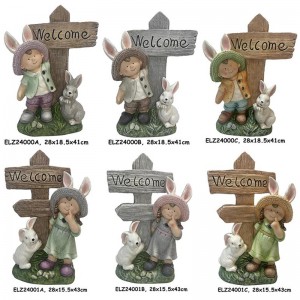 Handmade Fiber Clay Cheerful Boy and Girl Holding Welcome Sign Home and Garden Decor