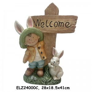Ręcznie wykonany z gliny włóknistej Wesoły chłopiec i dziewczynka trzymający znak powitalny Wystrój domu i ogrodu