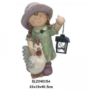 Lantern Light Boy and Girl Statues With Duck Rooster Garden and Home