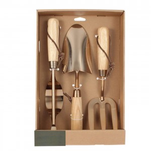 3PCS GARDEN TOOLS with Wood Handle and Golden Finished Heads in a Gift Box