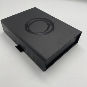 Caja de papel plegable negra con logo laminado negro.