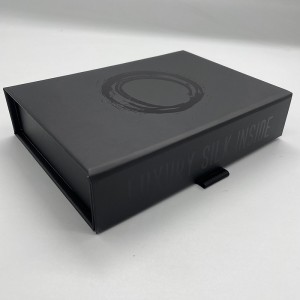Caja de papel plegable negra con logo laminado negro.