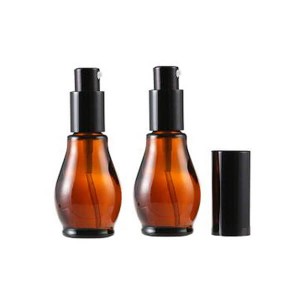 Empty Refillable Cucurbit Shaped Amber Glass Lotion Pump Bottles With Black Dispenser Head and Cap