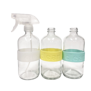 16oz 500ml clear boston round glass trigger spray bottles with silicone sleeve for essential oil cleaning