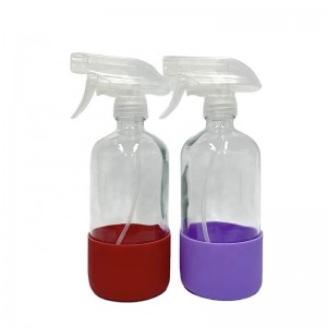 16oz 500ml clear boston round glass trigger spray bottles with silicone sleeve for essential oil cleaning