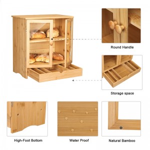 ERGODESIGN Large Double Bamboo Bread Box with Adjustable Compartment for Kitchen Countertop