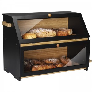 Bamboo Bread Box with Clear Front Window Bread Holder for Kitchen Counter 2 Layer Bread Storage Bin