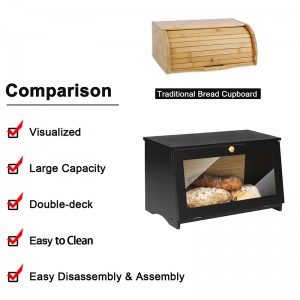Single Layer Bamboo Bread Box with Flat Top Bamboo Bread Bins for Bread Storage Black