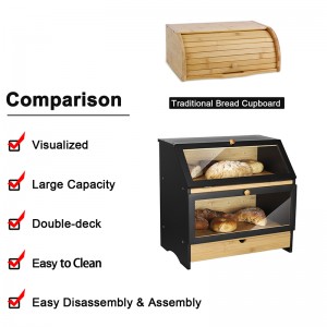 Double Layer Bread Box with Drawer for Bread Storage Bamboo Bread Bin for Kitchen Counter Black