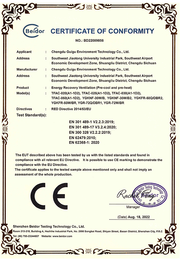 Certificato CE di preriscaldamento e preraffreddamento