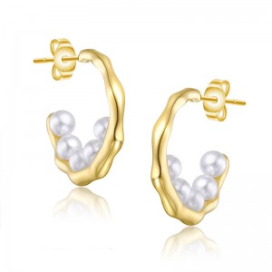 14K Yellow Gold Plated Shell Pearl Hoop Earring for Women & Girls
