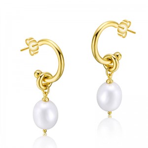 Sterling Silver Cultured Freshwater Pearl Drop Dangle Hoop Earrings in 14K Gold plated for Women/Girls