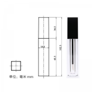 Tub pătrat de ruj lichid de 6,5 ml, negru mat, sticlă de luciu de buze personalizată cu pensulă, recipient gol