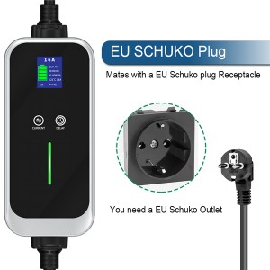16A Current Adjustable Type 2 EV Charger with EU Schuko Plug 3.6KW Portable EV Charger