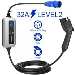 32A लेव्हल 2 पोर्टेबल इव्ह चार्जर टाइप 1 प्लग ब्लू सीईई प्लग इलेक्ट्रिक कार चार्जरसह
