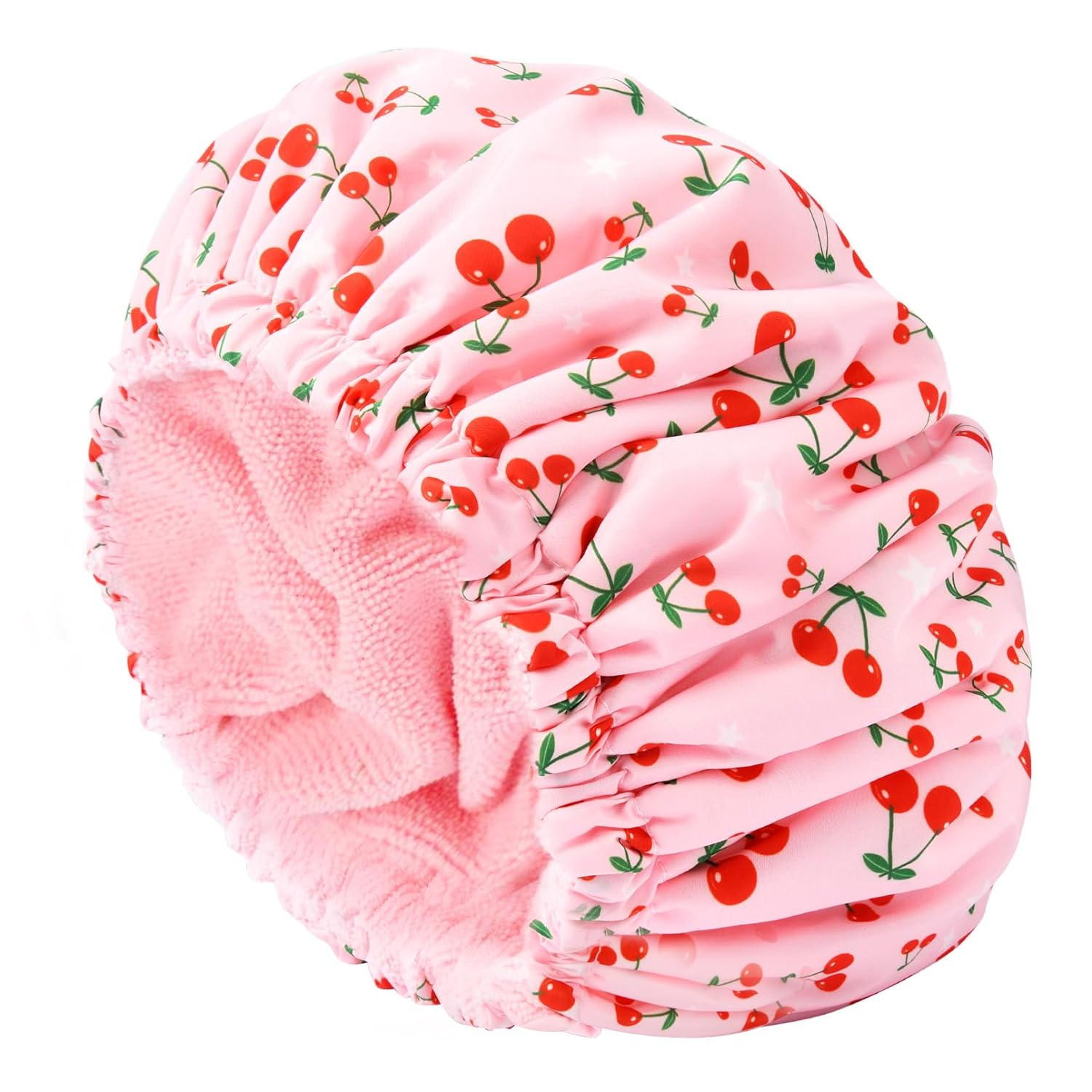 Gorro de ducha para mujer Gorro de baño con forro de rizo Gorros de ducha grandes, reutilizables, impermeables, con banda elástica, color rosa