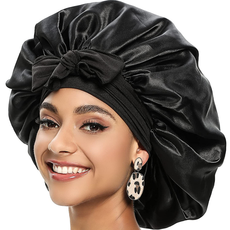 New Large Satin Bonnet Silk Night Sleeping Cap Long Satin Bonnet With Head Tie Band Bonnet Edge Wrap For Women Curly Braid Hair