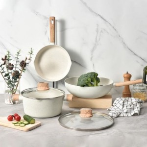 OEM Die Cast Aluminum Composite Bottom White Marble Non Stick Pots And Pans With Wooden Handle Cookware Sets