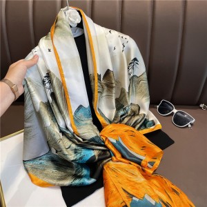 Ink painting retro art Printing Custom contrasting color Silk Twill women Scarf and Hijab