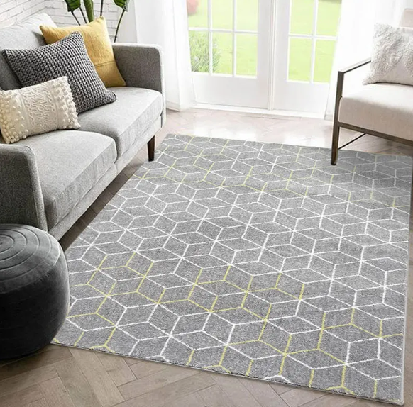 Presentación del proveedor de alfombras minimalistas para sala de estar, grandes, suaves, amarillas y grises