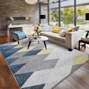 Washable Polyester Blue and Yellow Geometric Patterns Supersoft Luxury Rugs