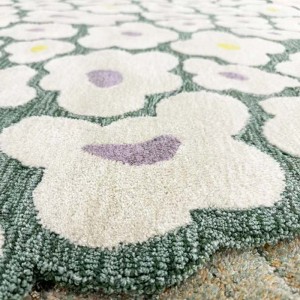 Irregular shape green and white flower rug