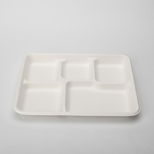 PFAS Free Wholesale Biodegradable Sugarcane Bagasse Pulp 5 compartment Disposable Lunch Tray Plates With Lid