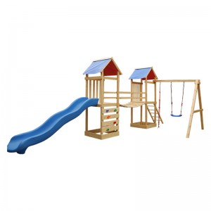 hot sale wooden kids children playhouse with blue slide and swings playhouse