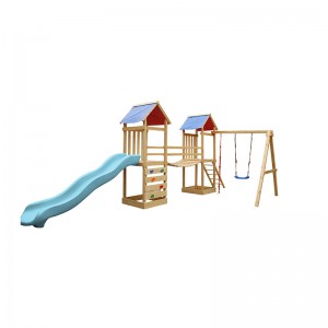 hot sale wooden kids children playhouse with blue slide and swings playhouse