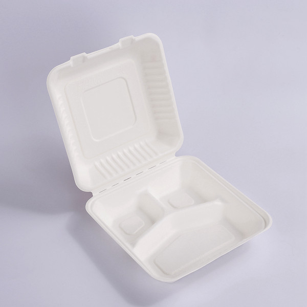 Chinese wholesale Sugarcane Bagasse Containers - ZZ Biodegradable Rectangle White Sugarcane/Bagasse Clamshell Container-3-Compartments- 9″ x 9″ x3″ -200 count box – ZHONGSHENG