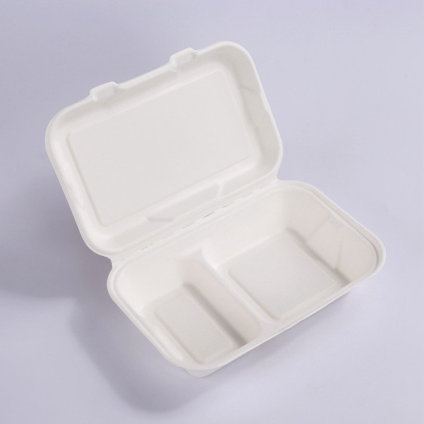 China Manufacturer for Bagasse Compostable - ZZ Biodegradable Rectangle White Sugarcane/Bagasse Clamshell Container-2-Compartments- 9 4/5″ x 6 1/2″ x3″ -200 count box – ZHO...