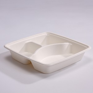 100% Compostable 3 Compartment 9*9 INCH Plates,Eco-Friendly Disposable Bagasse Tray,Heavy Duty Take-away School Lunch Tray