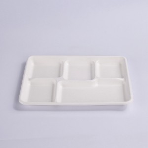 100% Compostable 5 Compartment 12.5*8.5 INCH Plates,Eco-Friendly Disposable Bagasse Tray,Heavy Duty School Lunch Tray