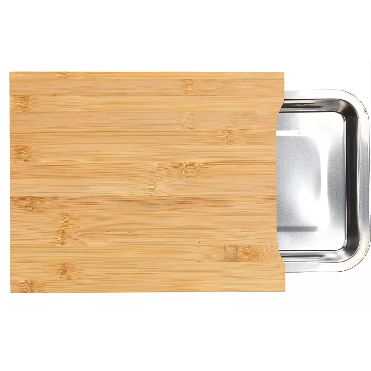 Natural Bamboo Cutting Board With Removable Stainless Steel Tray Containers