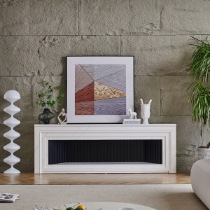 Elegante mueble para TV color marfil de 70 cm de alto con núcleo de chimenea centralizado